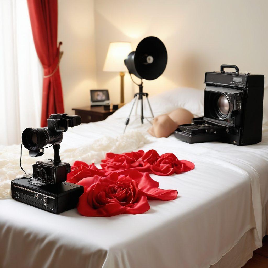 An artistic representation of the evolution of adult entertainment, featuring a vintage bedroom scene on one side with an old-school camcorder and a modern sleek film set on the other side with high-tech cameras. Incorporate elements of sensuality, such as tasteful silhouettes, soft lighting, and playful props like roses and silk sheets that symbolize romance. Use vibrant colors and a smooth gradient to transition between the past and present, inviting viewers into the world of pleasure. super-realistic. vibrant colors. white background.